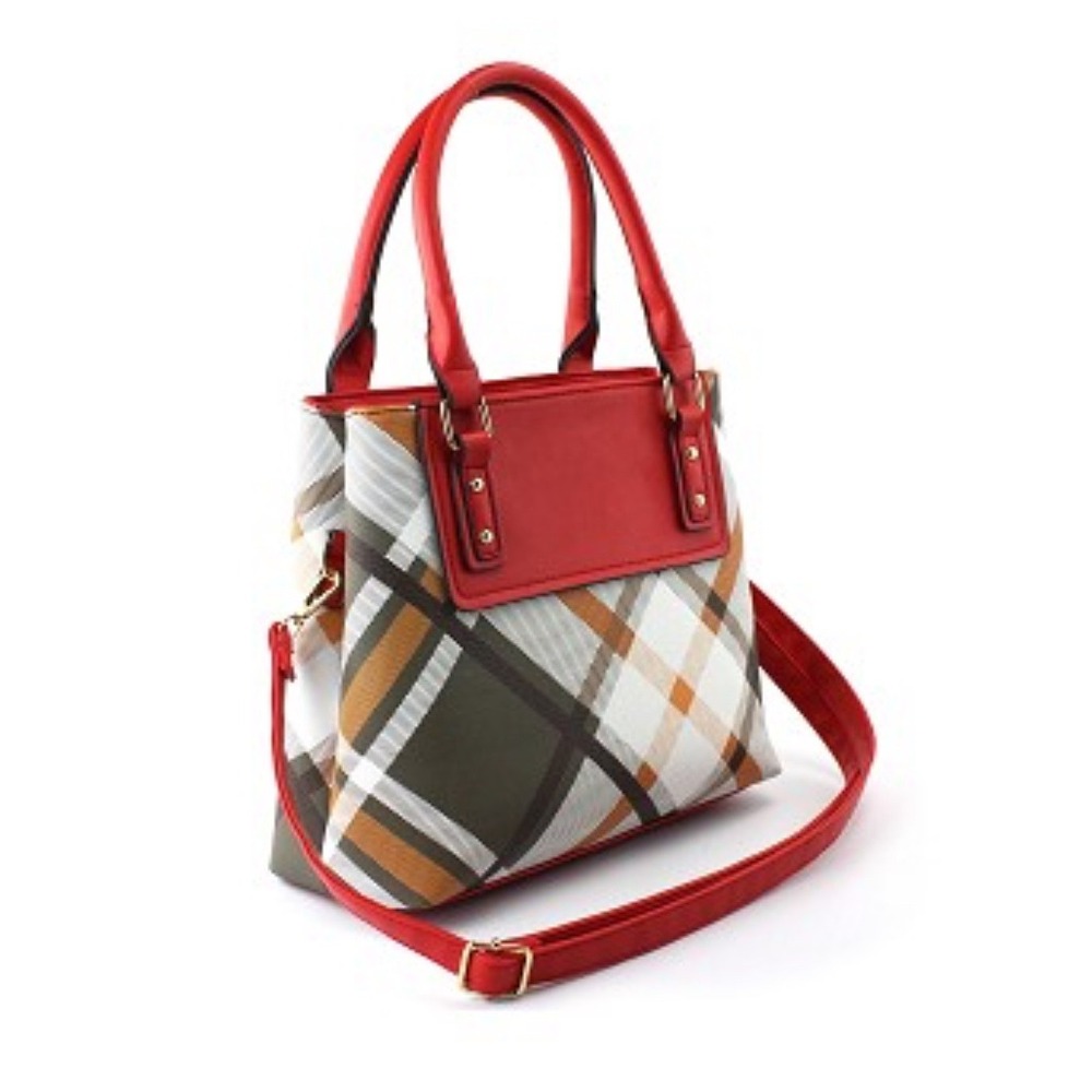 AR New York Green and Yellow Plaid Satchel with Red Handles and Accents